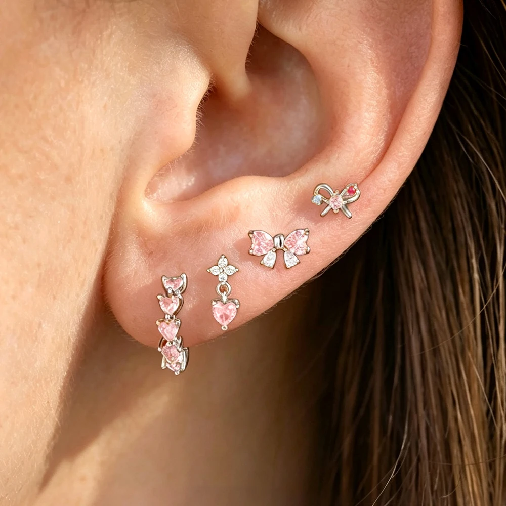 4PCS/8PCS New Arrival Stainless Steel Bowknot Stud Earrings Sets For Women Heart-Shaped Zircon Hoop Earring Daily Wear Jewelry