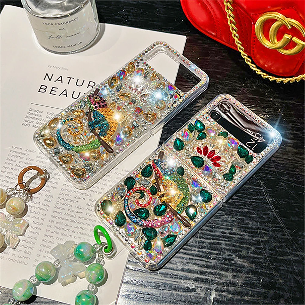 Phone Case for Samsung Galaxy Z Flip 5 4 ZFlip3 Z Fold 5 Rhinestone Gem Cover Luxury Color Chameleon Glitter Diamond Bead Chain