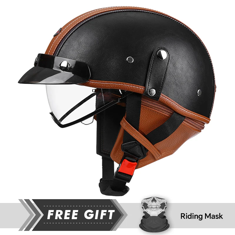 

Adult Retro Half Face Motorcycle Helmets Men Leather Vintage 1/2 Half Helmets DOT Approved Low Profile Open Face Helmets