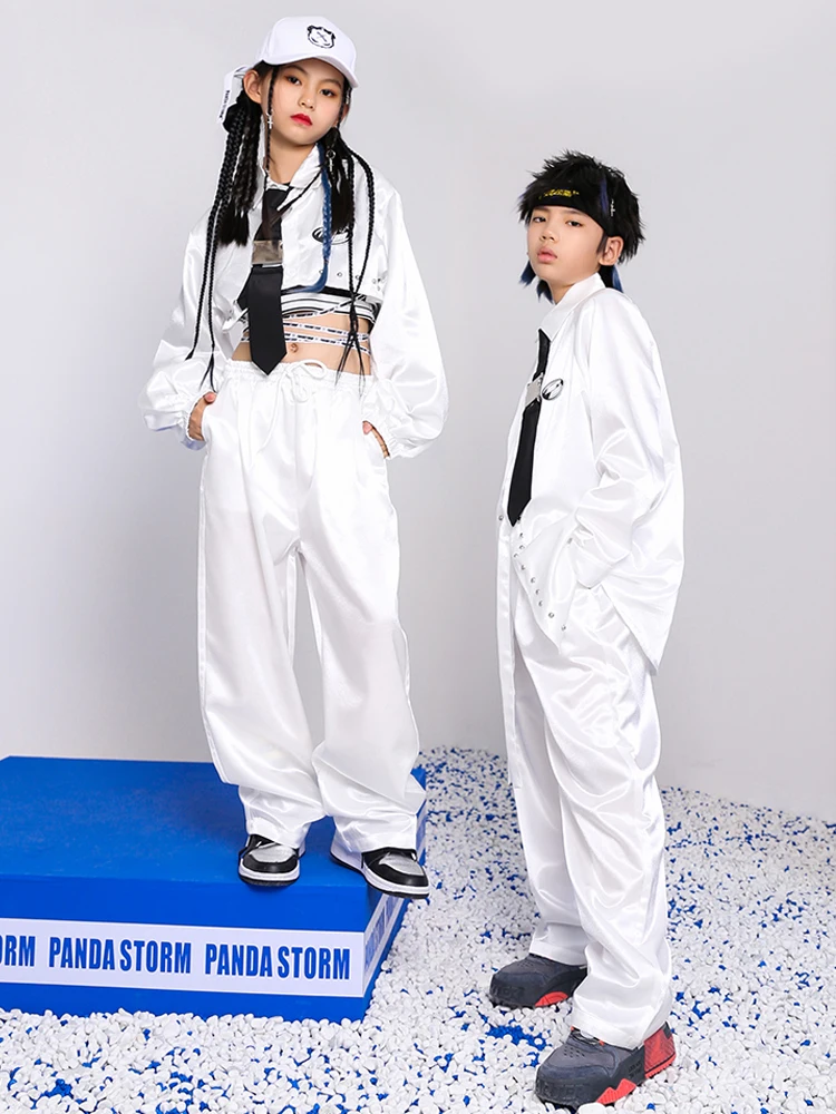 Dance Costume Modern Street Dance Wear Kids White Long Sleeves Satin Shirt Pants Kpop Hip Hop Clothing Boys Girls Jazz