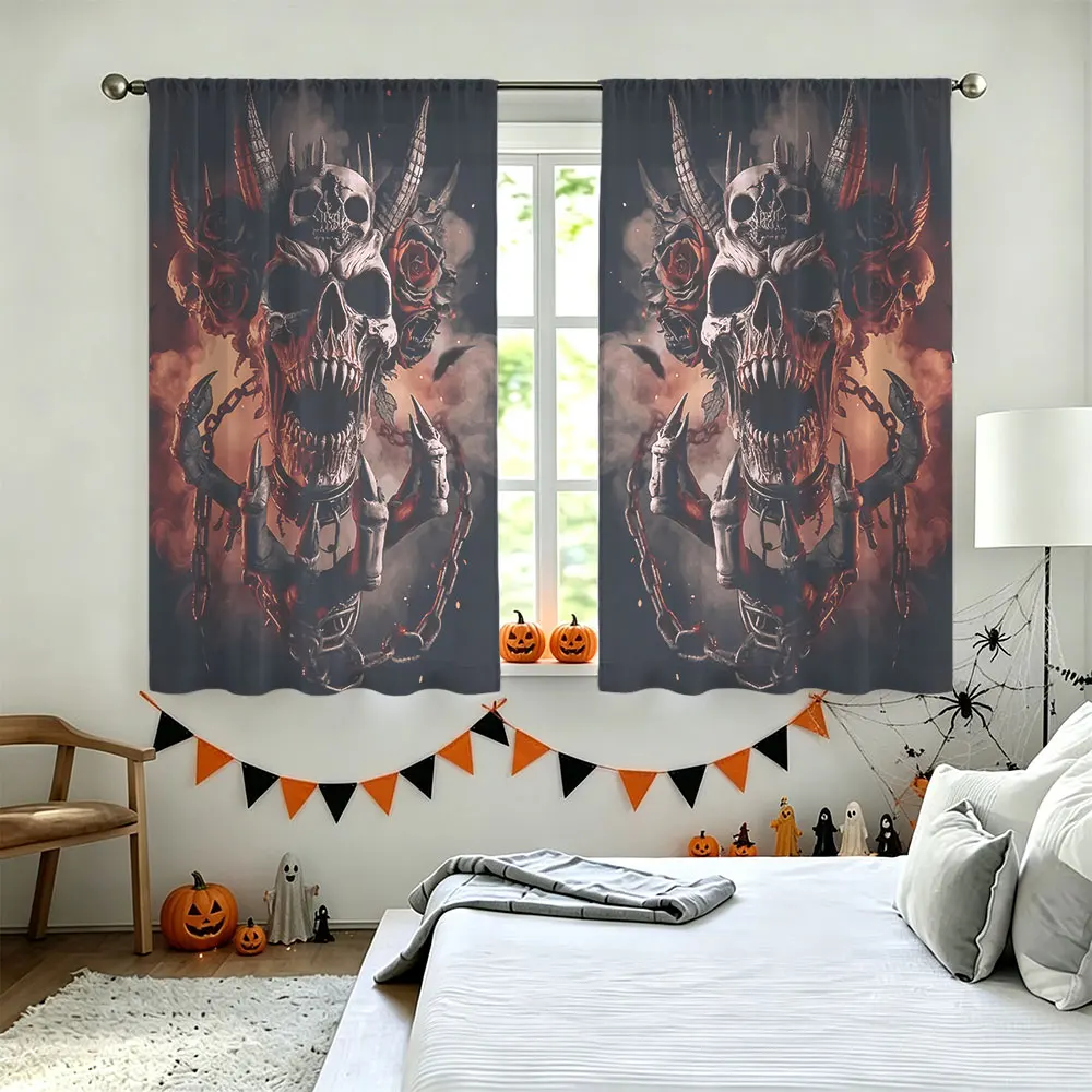 2Pcs Gothic Evil Spirit Skeleton Rose Print Rod Pocket Curtains, Blackout Privacy Window Curtains For Living Room Bedroom, Do