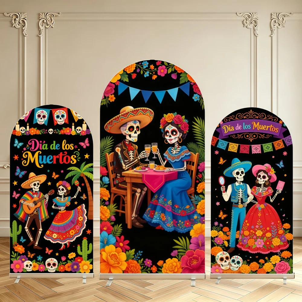 Mexican Day of The Dead Decoration Arch Backdrop Cover Mexican Fiesta Carnival Party Elastic Double Sided Arch Cover Background
