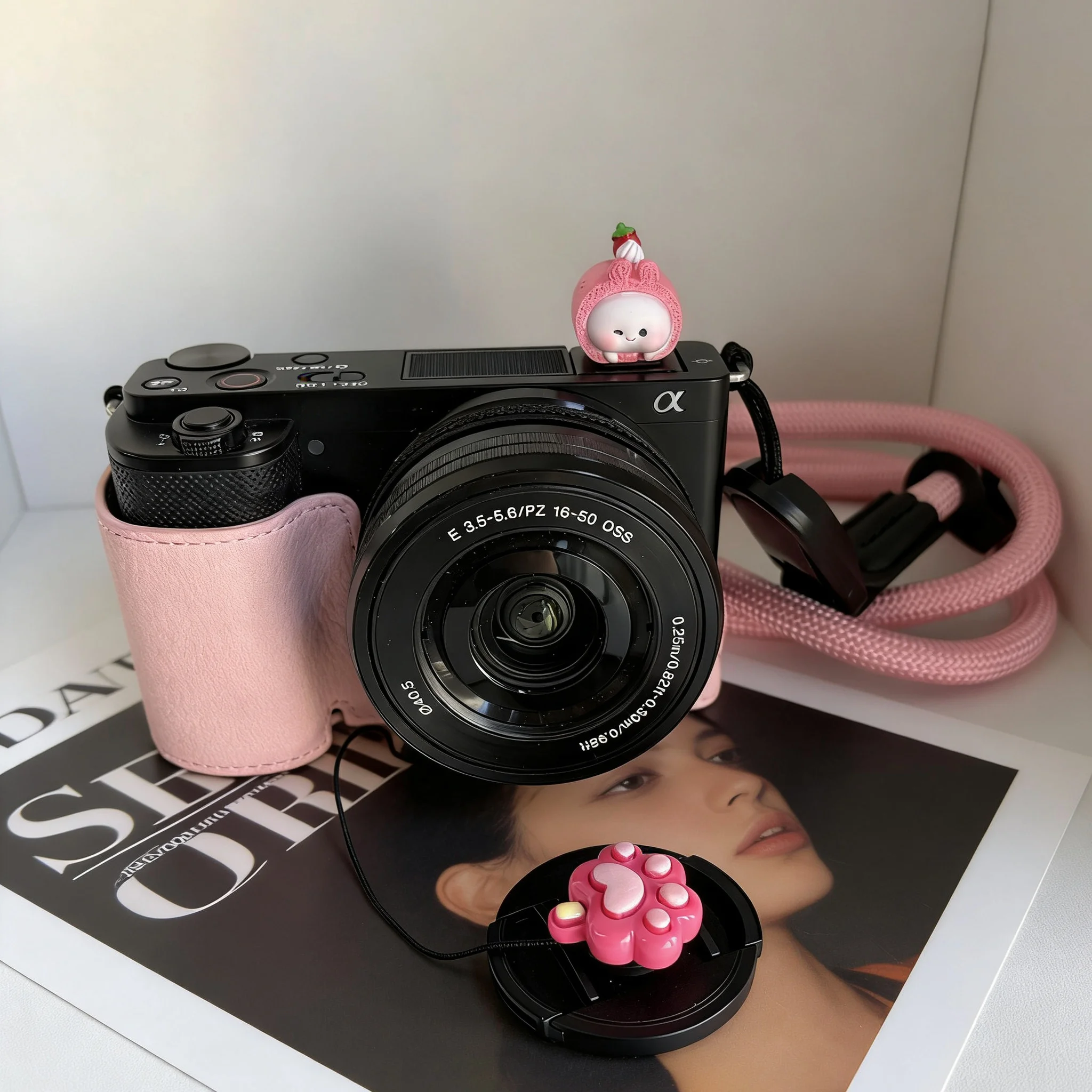 Cute Strawberry Bunny Hot Shoe Cover & Cat Paw Lens Cap Anti-Lost Rope, 3D Kawaii Dustproof For Canon Sony Nikon Fuji Canon