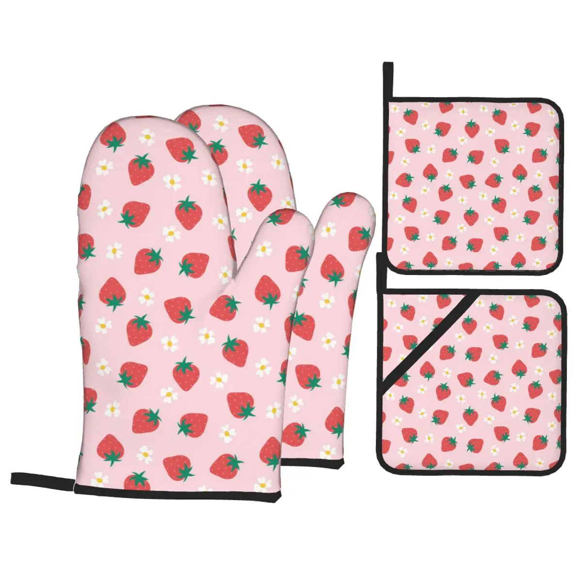 

Strawberry Flowers Pink Oven Mitts and Pot Holders Sets of 4 High Heat Resistant Oven Mitts with Oven Gloves and Hot Pads