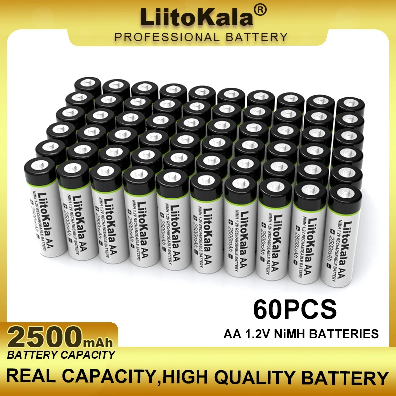 60PCS Liitokala 1.2V AA 2500mAh Ni-MH Rechargeable Battery For Temperature Gun Remote Control Mouse Toy Batteries