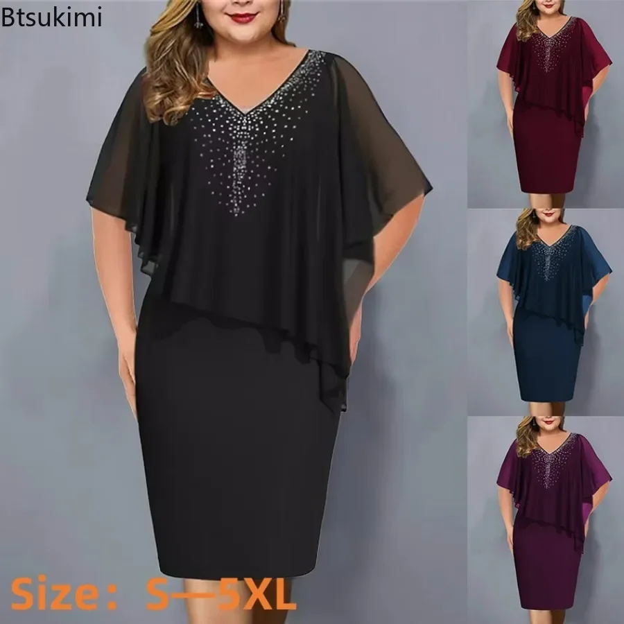 

2024 Women's Oversized Short Sleeve Dress Solid V Neck Ruffle Hem Midi Dress Elegant Bridesmaid Cocktail Party Dress Female 5XL