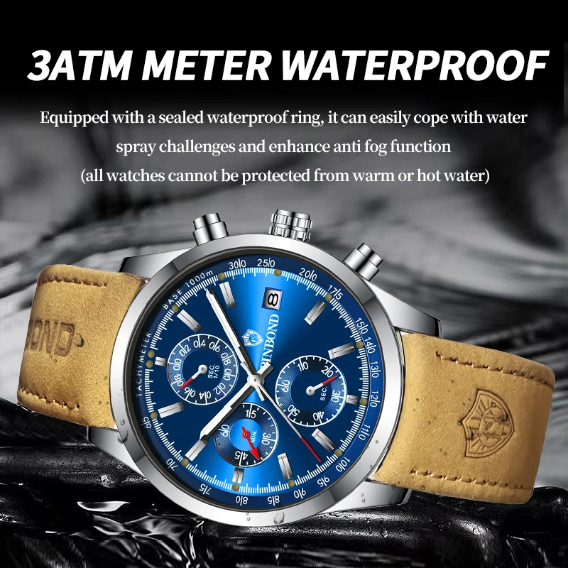 BINBOND Man Wristwatch Luxury Business Waterproof Luminous Date Week Men Watch For Men Quartz Clock Leather Men\'s Watches reloj