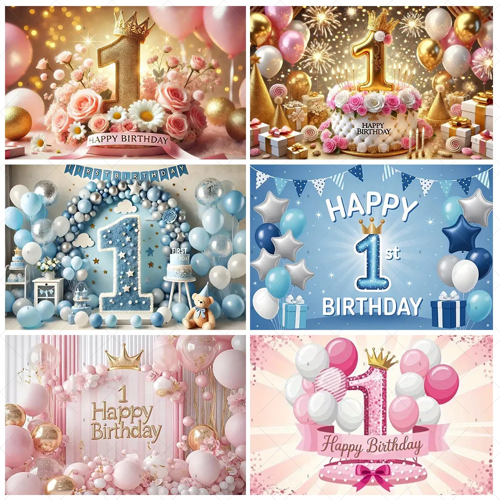 

Newborn One Year Birthday Party Decorations Happy 1st Birthday Background Banner Balloons Backdrop Supplies Photo Shoot Props