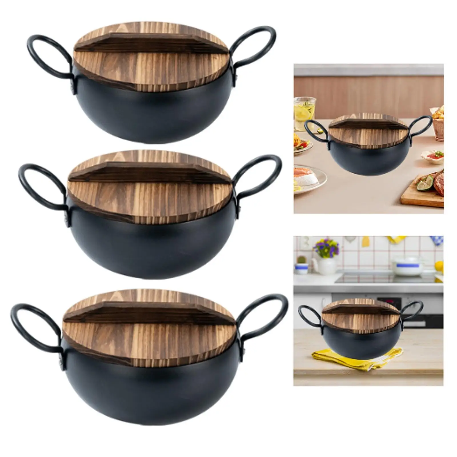 

Iron Pot with Wood Cover with Handle Easy to Clean Heavy Duty Cooking Portable