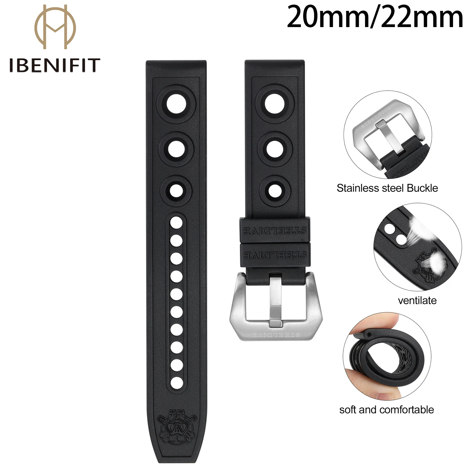 

IBENIFIT Rubber Dive Watch Strap 20/22mm Soft Replacement Watch Bands Black Waterproof Sport Watchbands for Men and Women
