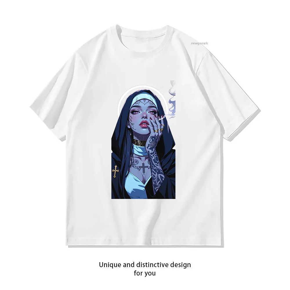 Nun Rebel Tattoo Smoke  Casual Cotton Short Sleeve Tee for Men Women