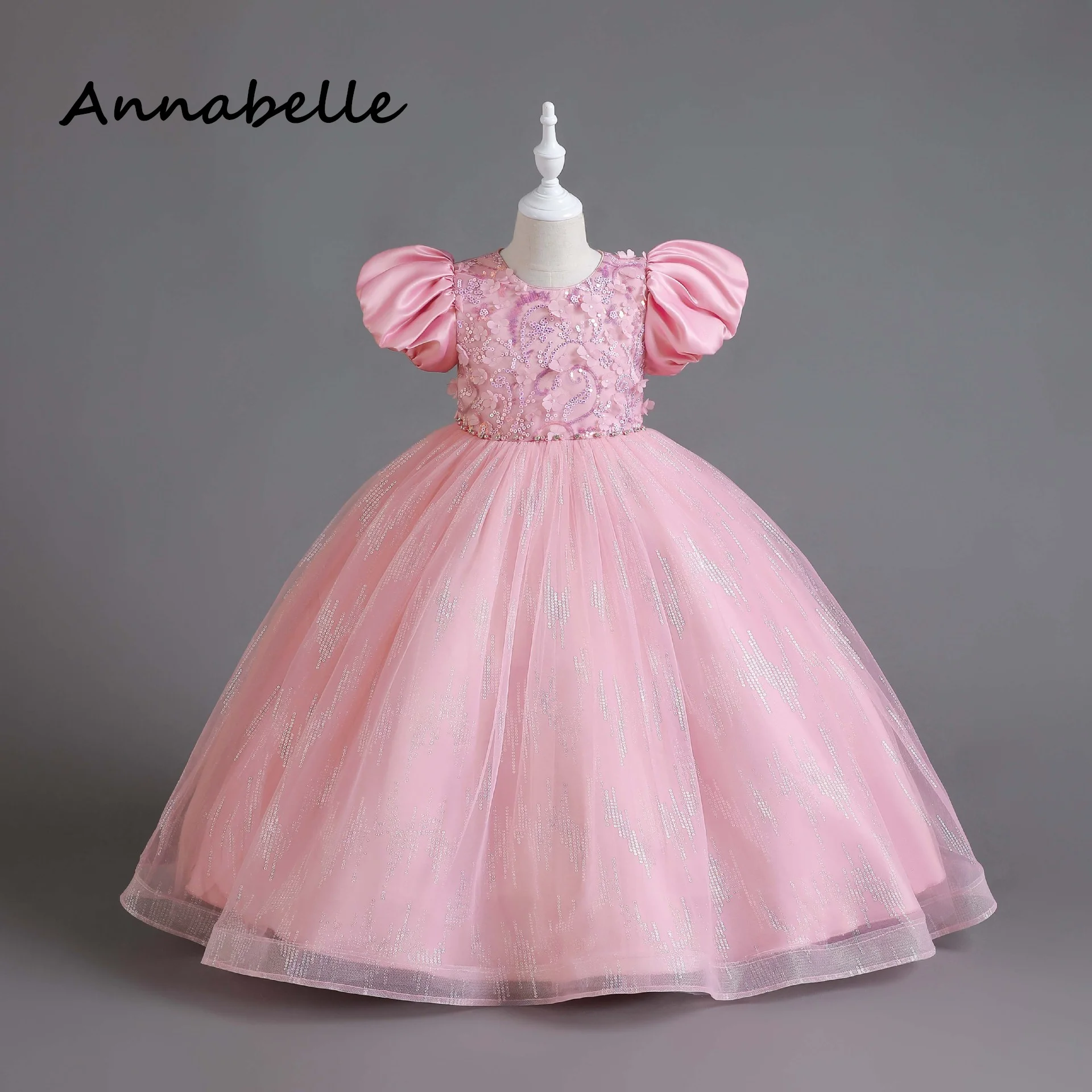 Annabelle Flower Puffy Baby Girl Dress, Vestido Arco para Festa de Casamento, Vestidos elegantes para crianças Roupas de dama de honra para crianças