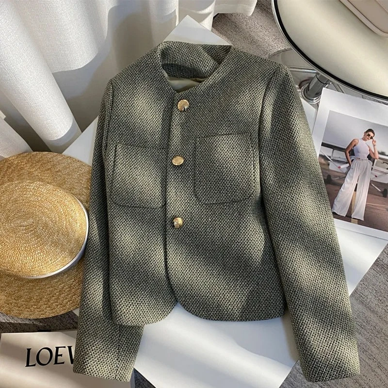 Quilted Coats Women's Suit Tailored Jackets Long Sleeve Casual Short Coat Women Japan Korean Style Green O-neck Tops Mujer