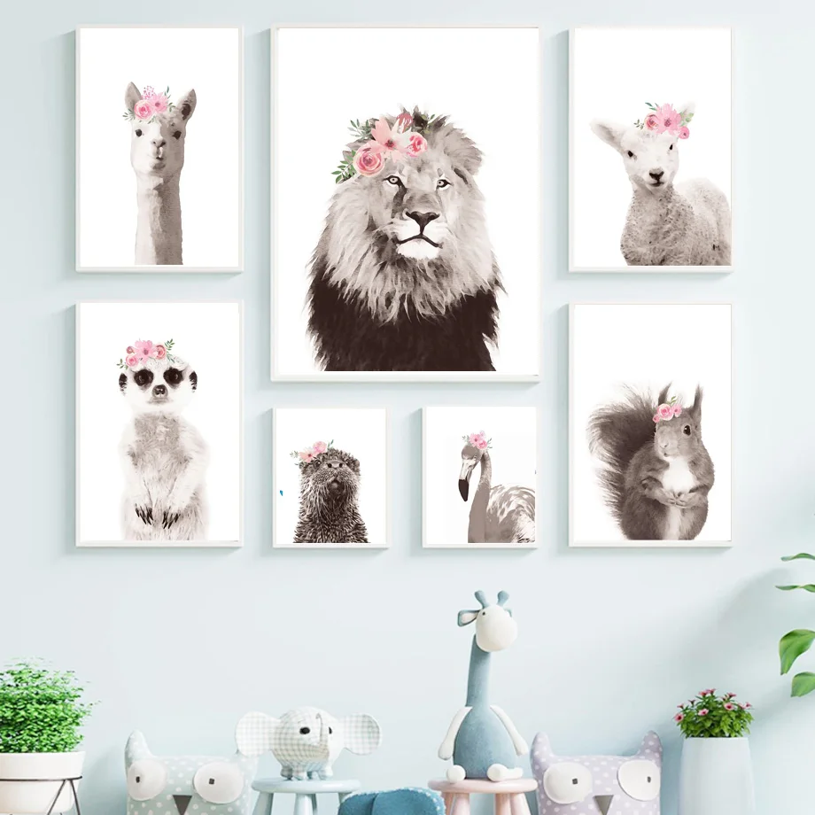 Watercolor Floral Animals Wall Art Canvas Prints Pink Flower Crown Lion Llama Squirrel Nursery Decor Posters Baby Girl Bedroo