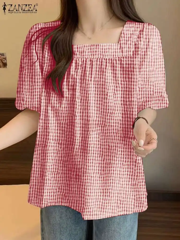 ZANZEA Women Plaid Blouse Casual Puff Short Sleeve Shirts 2024 Summer Square Neck Pleated Tunic Casual Loose Holiday Korean Tops