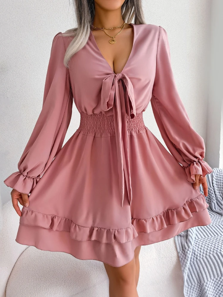 Women's Wrap V Neck Bodycon Mini Dress Puff Long Sleeve Ruched Asymmetrical Hem Party Short Dresses