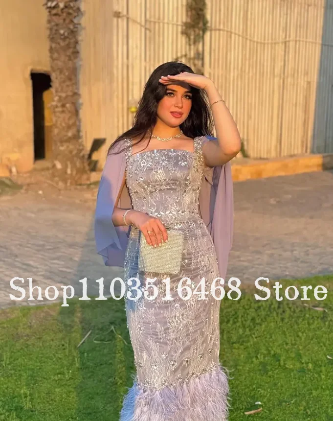 

Blue Square Collar Evening Dress with Cape Design Lace Crystal Decoration Tassel Pendant Skirt Customised