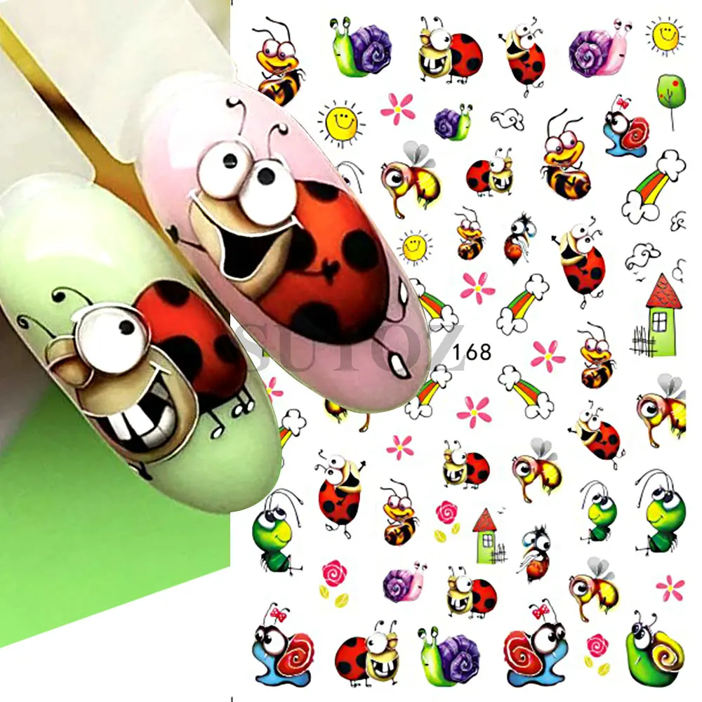 Cute Ant Cartoon Nail Sticker Bee Ladybug Succulent Plant Rainbow Slider Manicure Stickers Spring Summer Nail Decoration LEEB168