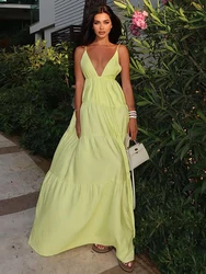 Fantoye Sexy Deep V-neck Women Maxi Dress Yellow Spaghetti Strap Evening Dress Female Summer Loose Elegant Party Clubwear 2024