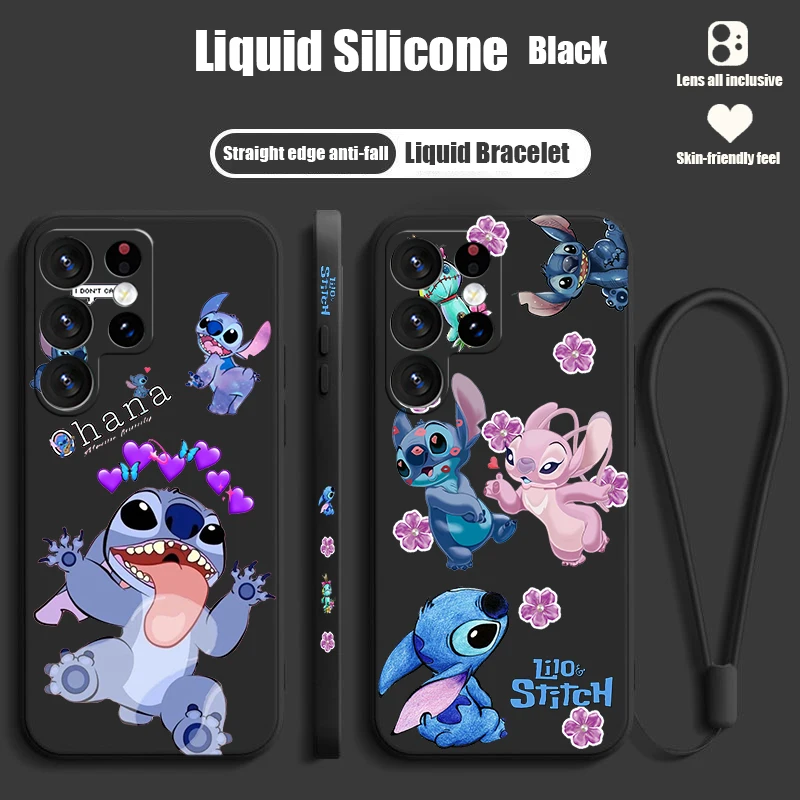 Disney Stitch Anime Cute For Samsung S24 S23 S22 S21 S20 Fe S10 Note 20 10 Ultra Lite Plus Liquid Left Rope Phone Case