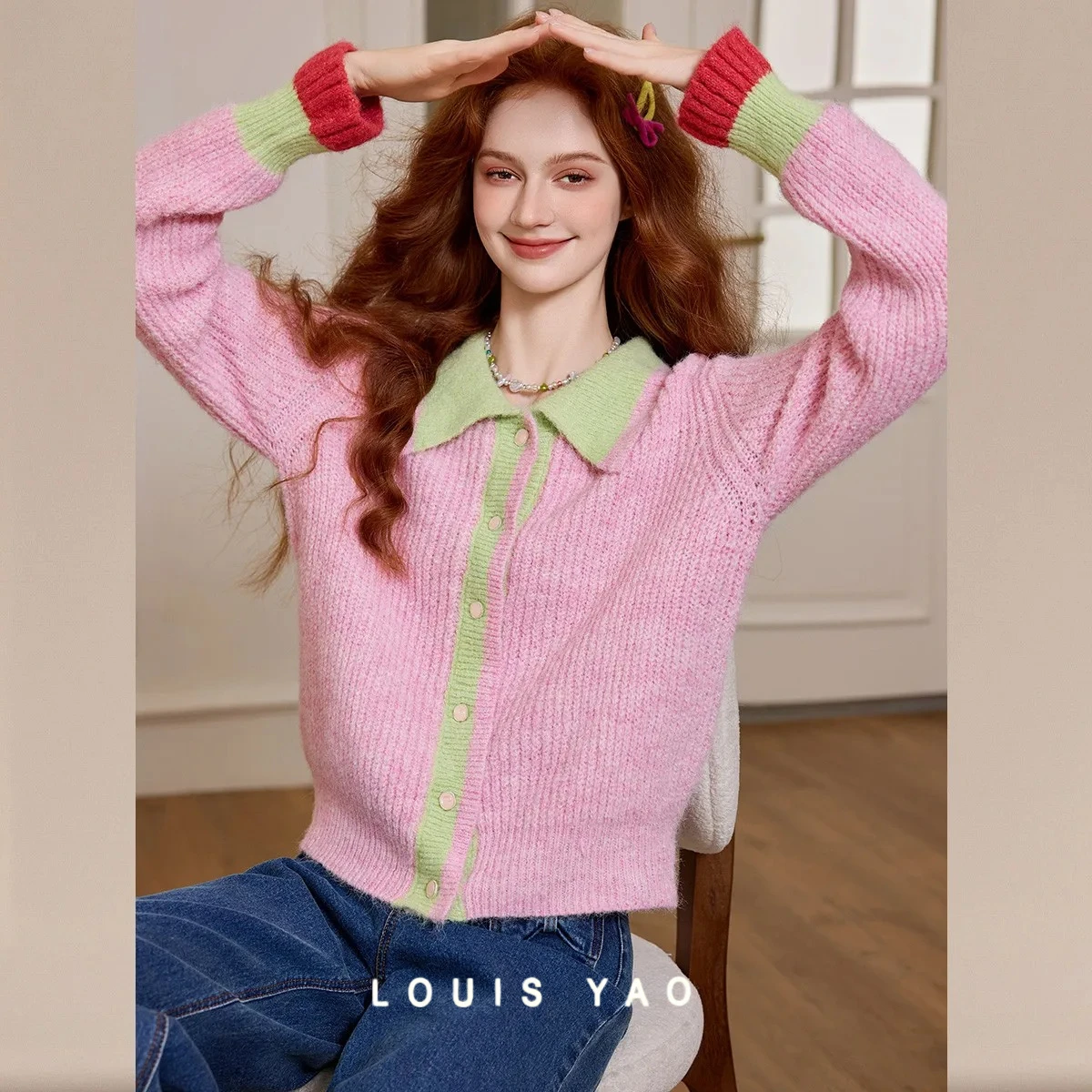

LOUIS YAO Color Contrasting Colorful Women's Sweater 2026 Autumn Sweet Style Cardigan Casual Turn-Down Collar Knitwear for Woman