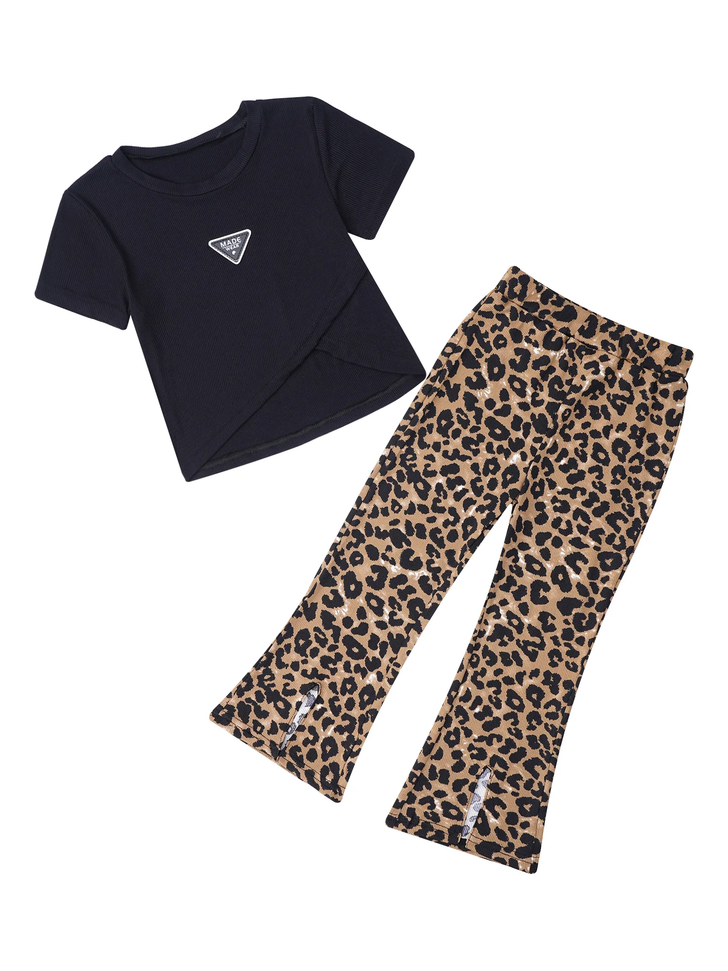 Fashion Modern Jazz Dance Costumes Set Girls Casual Sport Outfits t-shirt a maniche corte Top a vita alta con stampa leopardata pantaloni svasati