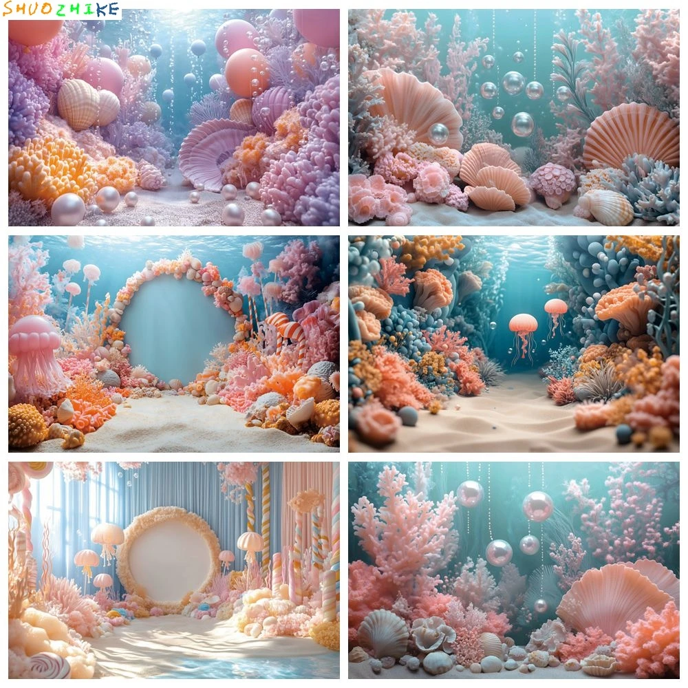

Underwater World Theme Party Backdrop Coral Nacre Shell Jellyfish Algae Baby Shower Kid Birthday Portrait Photography Background