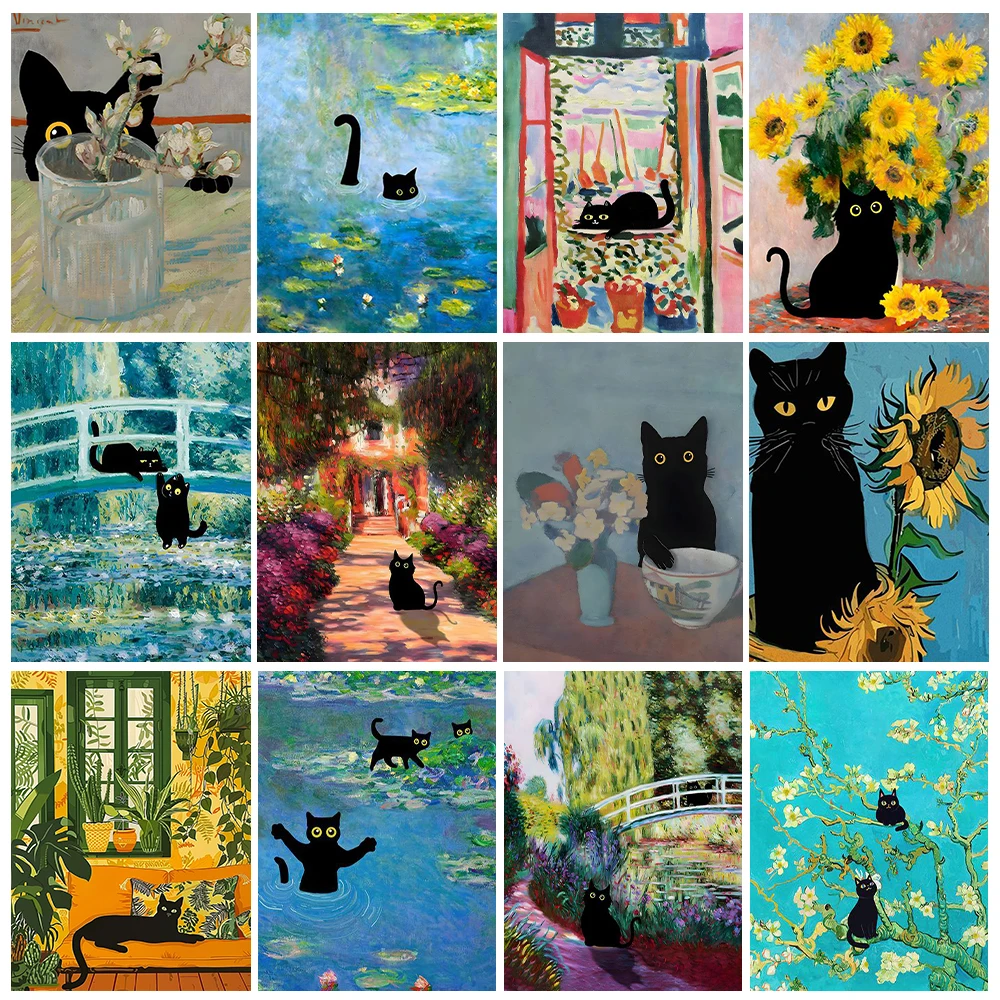 

Забавный черный кот DIY цифровая картина маслом красочная картина ручной работы украшение дома стены простые поделки