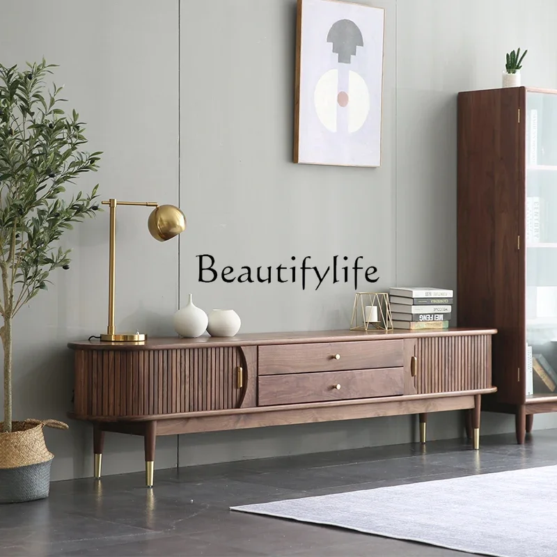 

S Black Walnut Wooden Furniture Rolling Door TV Cabinet Living Room Background Wall Floor Cabinet Solid Wood TV Cabinet