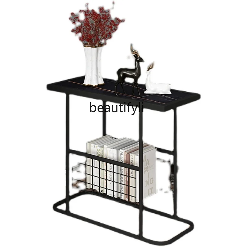 Modern small side table sofa table new Chinese side cabinet iron round corner rock slate small tea table