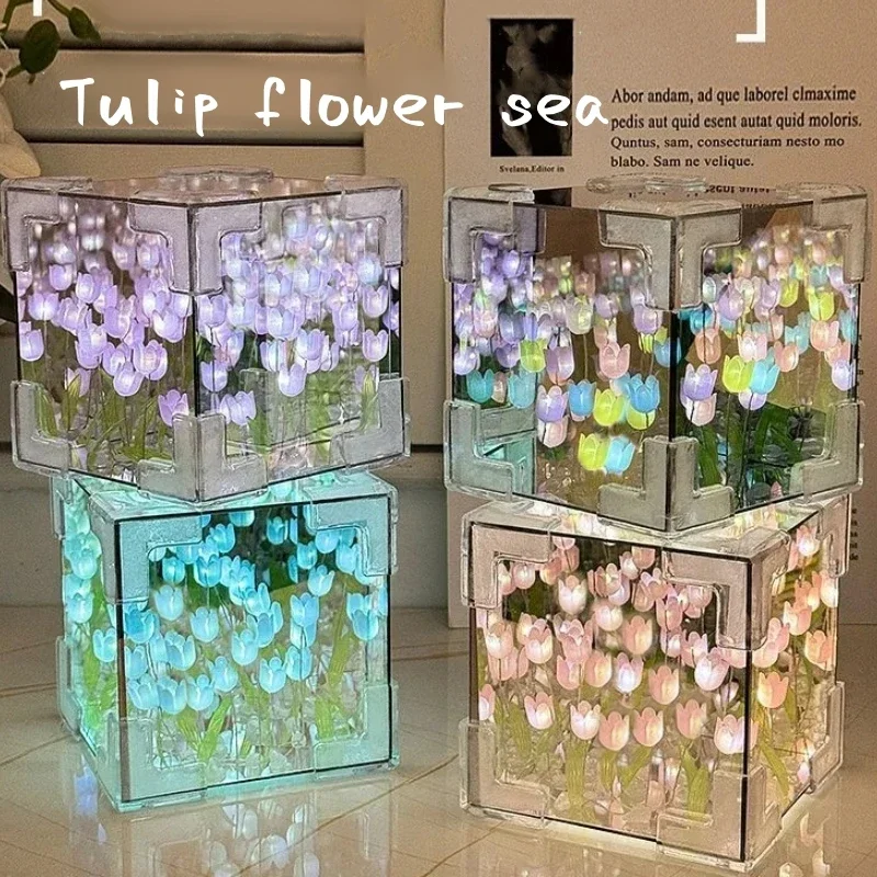 DIY Creative Tulip Flower Sea Cube 3D Small Night Lamp for Bedroom Handmade Craft Tulips for Girlfriend Couple Birthday Gift