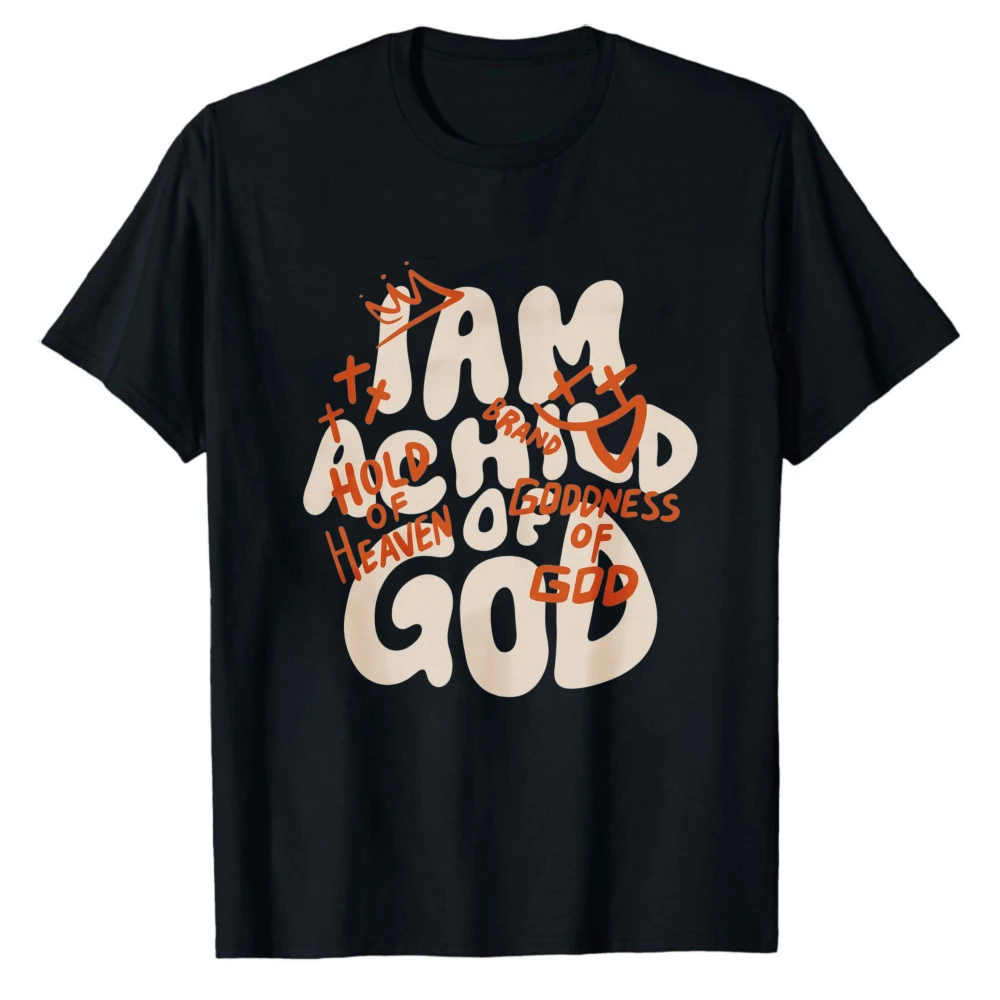 I Am A Child of God Groovy Bubble Text Christian Graphic T-Shirt Unisex Retro Faith Religious Crew Neck Black Casual Tee