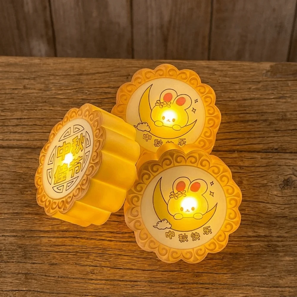 Plastic Simulated Mooncake Night Light Rabbit Pattern Decorative Glowing Mooncake Ornament Cartoon Festival Ambient Lighting