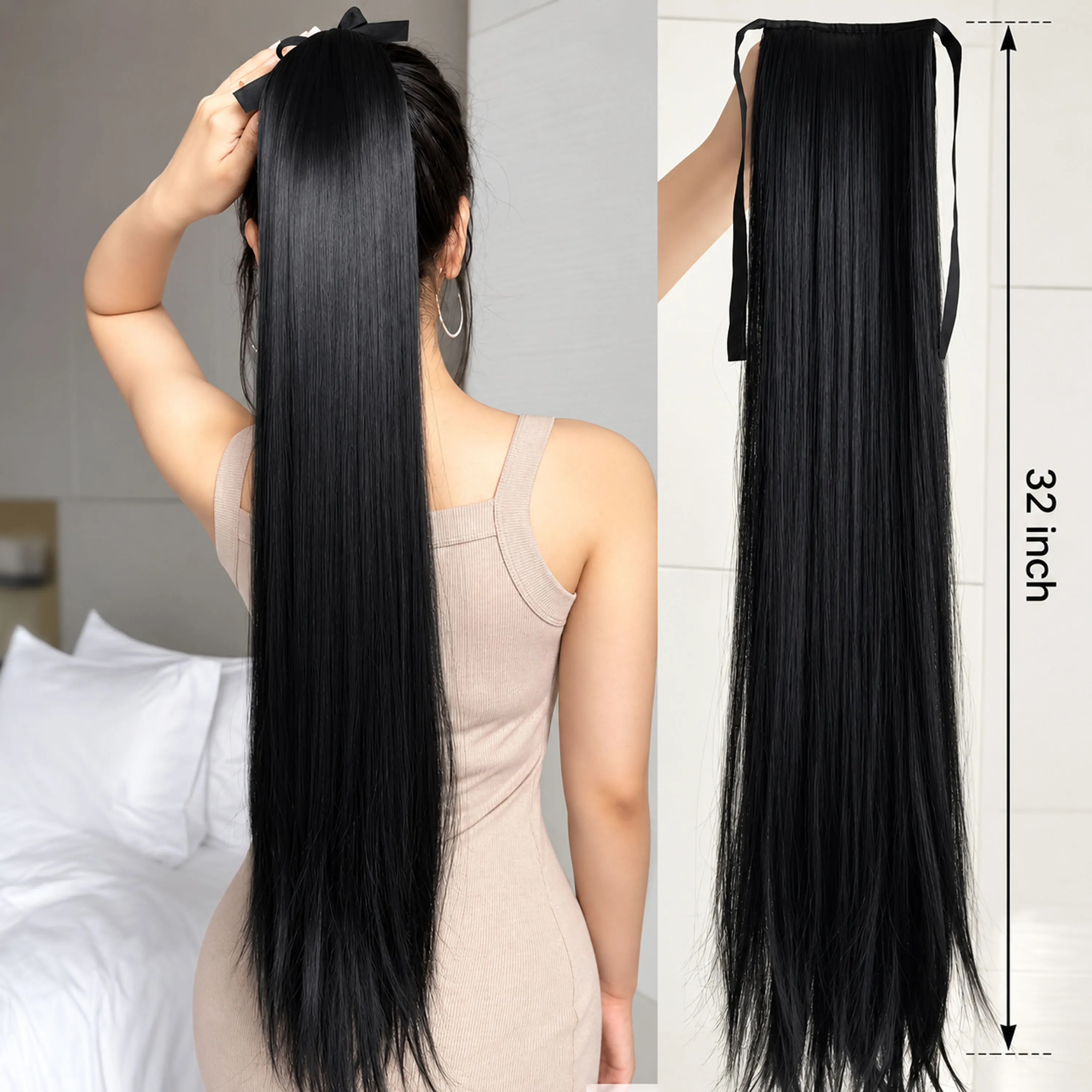 85CM Clip in Ponytail Extension Wrap Around Long Straight Pony Tail Hair Synthetic Hairpiece for Women Heat Resistant Wigundle