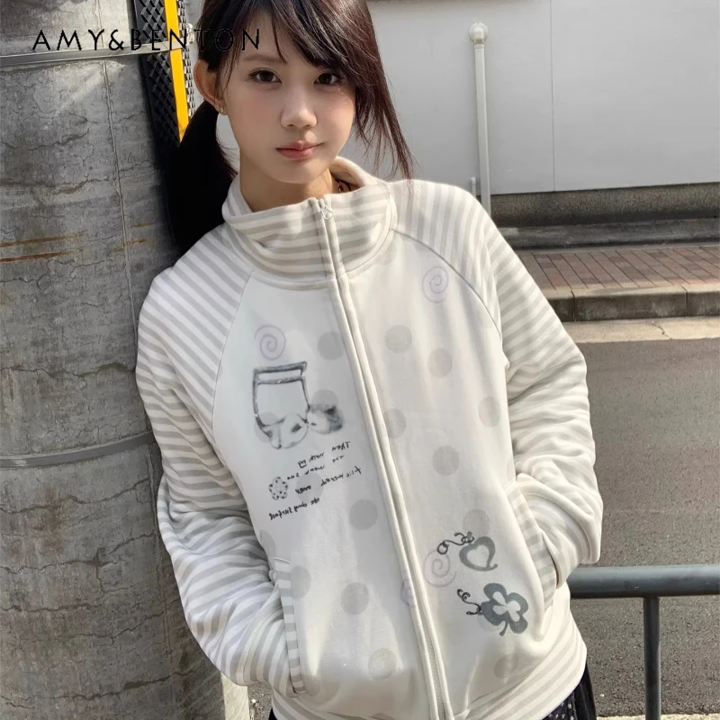 

Spring 2026 New White Polka Dot Splicing Striped Women's Jacket Original Design Sweet Cute Versatile Loose Casual Jackets Ladies