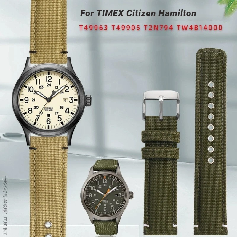 For TIMEX T49905 T49963 T49953 Citizen Hamilton waterproof nylon canvas Leather fashion Watch strap 20mm Men\'s Khaki Watchband