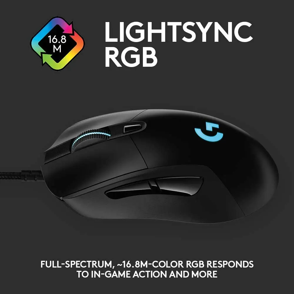 Logitech G403 Hero 25K Gaming Mouse Lightsync RGB Lightweight 87G+10G Optional Braided Cable 25600 DPI Rubber Side Grips