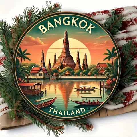 Vintage Bangkok Thailand Round Metal Wall Art Sign - 20.32cm Aluminum Decorative Mural with Iconic Wat Xieng Thong & Sunset Scen
