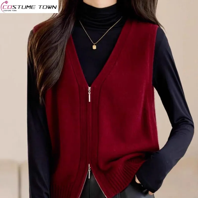 

Autumn Korean version new women's fashion zipper cardigan knitted sweater vest