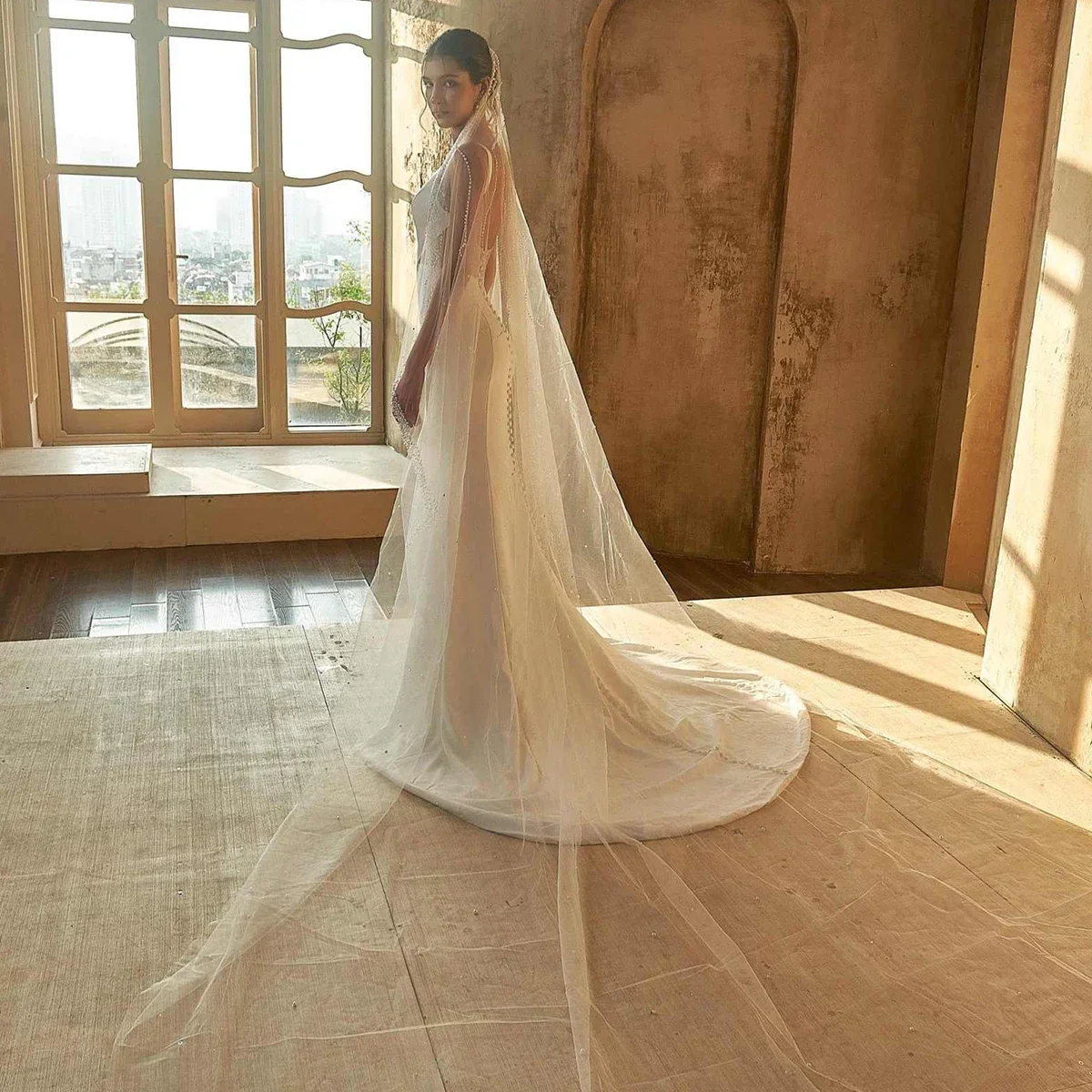 

Блестящая длинная свадебная фата принцессы, однослойная жемчужная винтажная соборная фата с расческой по индивидуальному заказу