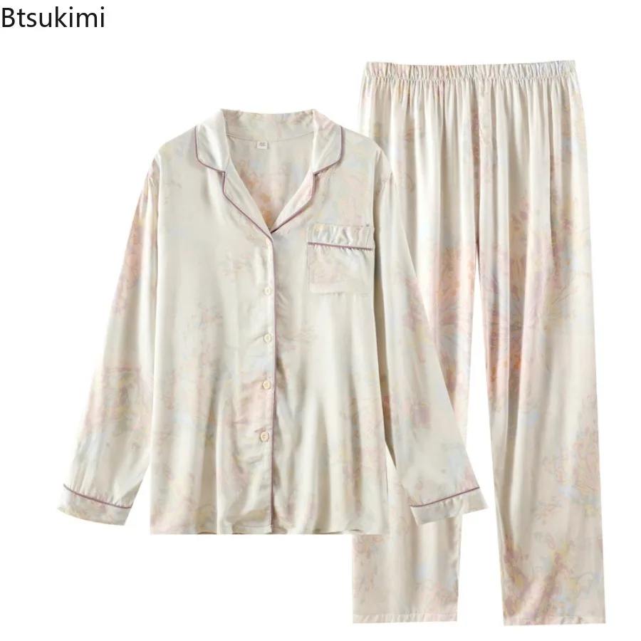 2025 Women's Casual Pajama Set Spring Summer High Grade Silk Long Sleeve Long Pants Two Piece Set Sleepwear Thin Home Clothing