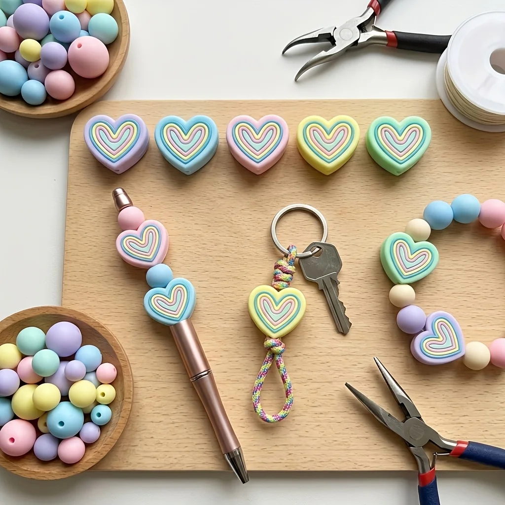 5Pcs 3D Rainbow Layered Heart Silicone Focal Beads, Purple Blue Pink Yellow Green DIY Beads for Bracelet Necklace Pen Decor - view 3