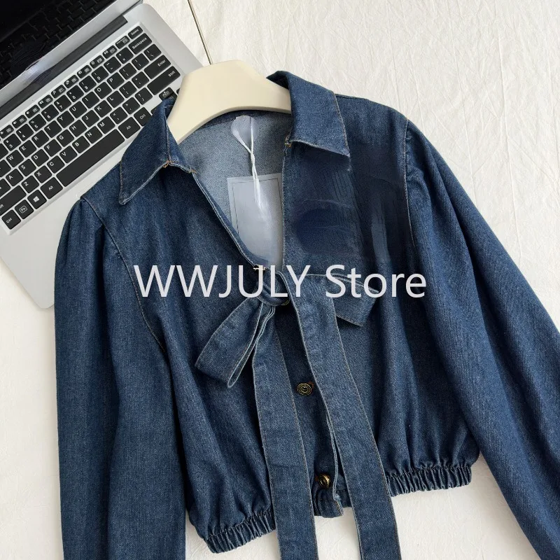 Woman 2000s Vintage Denim Two Piece Skirt Sets Long Sleeve Short Tops + High Waist A Line Pleated Mini Skirt Korean 2024 New