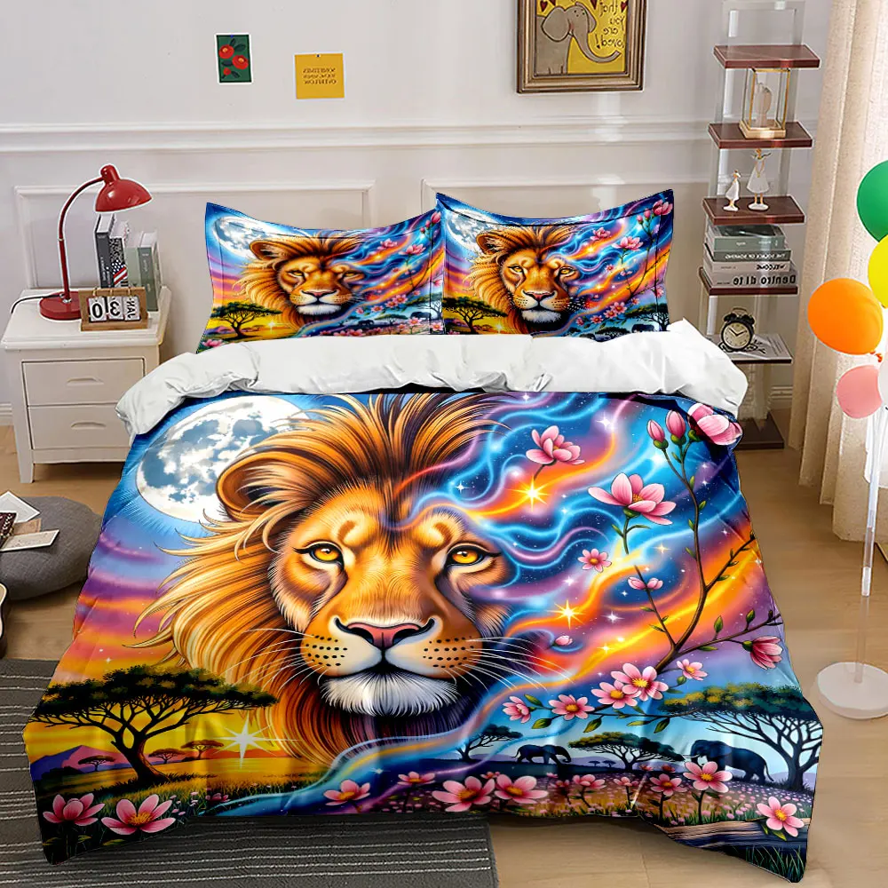Lion with Magical Nature Fusion Print Bedding Set 1 Duvet Cover 2 Pillowcases for Adult and Children Luxury Gift Full Size