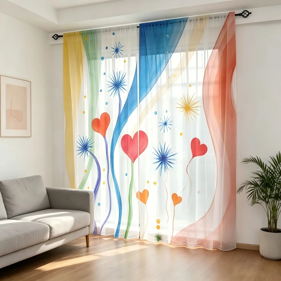 2PCS Digital Print Sheer Curtain, Colorful Heart Firework Festival Celebration Window Drapes for Living Room Bedroom Home Decor