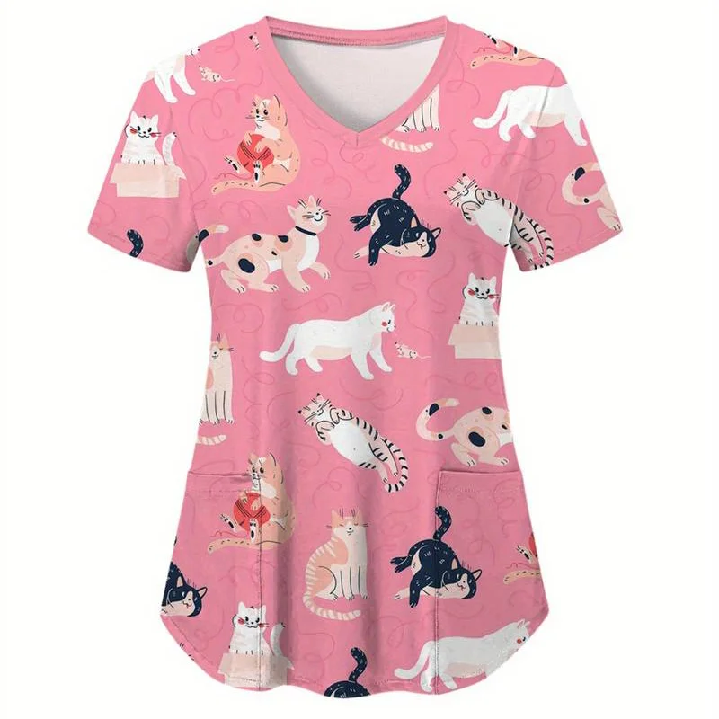 Medisch Uniform voor Vrouwen Leuke Kat Cartoon Print Dierenarts Verpleging Top Mode V-hals Korte Mouw Patch Pocket Uniformen Vrouwen Medische