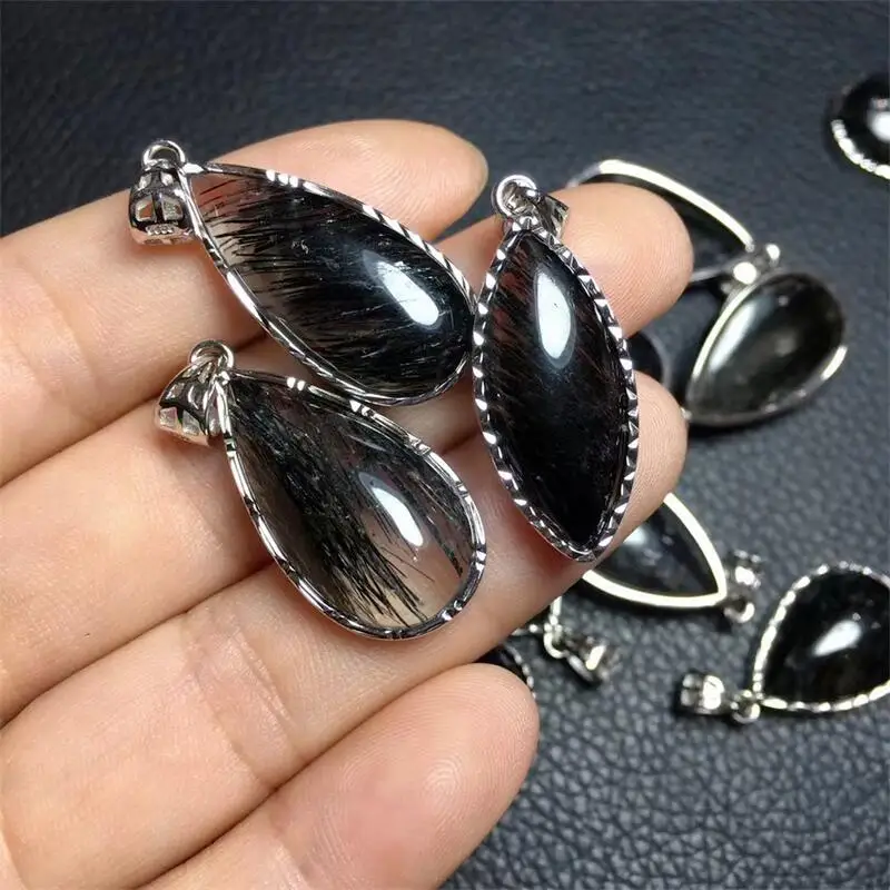 

Natural s925 Black Quartz Rutilated Necklace For Women Gemstone Pendant Sterling Silver Plated Women Wedding Jewelry Gift 1pcs