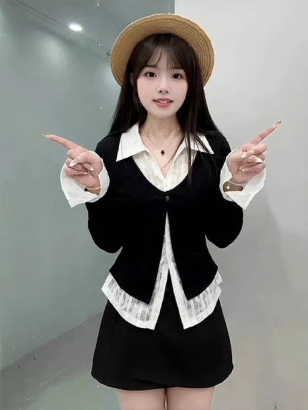 

plus Size Women's Shirt American College Style Lace Splicing Fake Two-Piece Early Autumn Waist-Cinching Meat-Covering Slimmin...