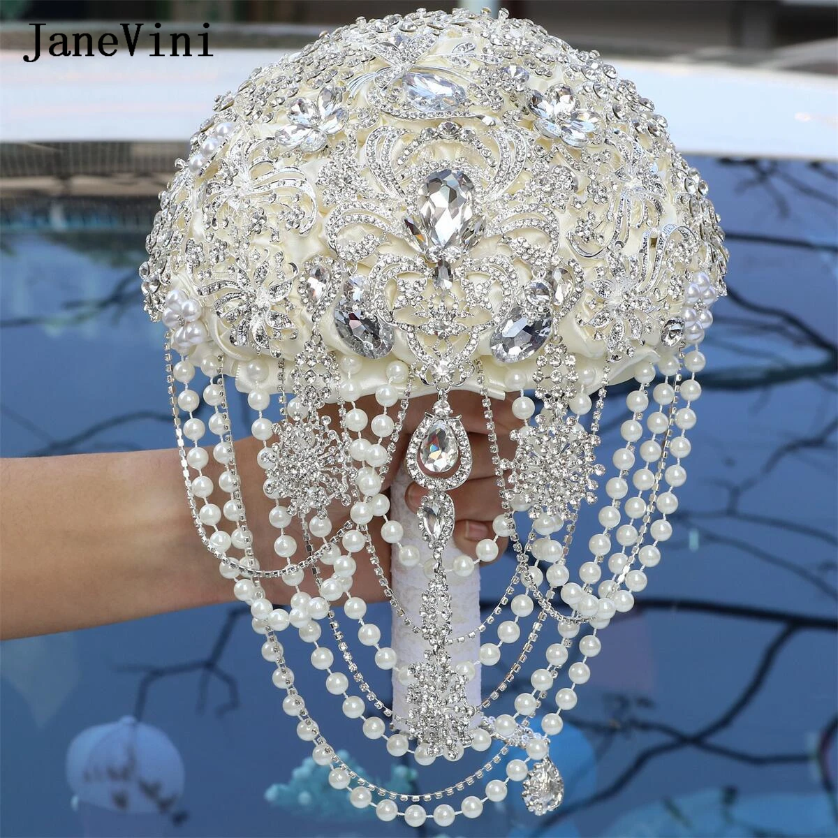 JaneVini Sparkly Diamond Crystal Ivory Bridal Bouquets with Silver Jewelry Artificial Satin Roses Pearls Wedding Bouquet Flower