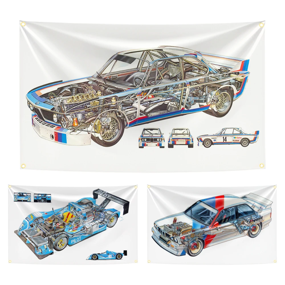 Cool Classic Racing Car Sectional View Flag Tapestry Polyester Digital Banner for Garage Wall Art Out Door Decoration